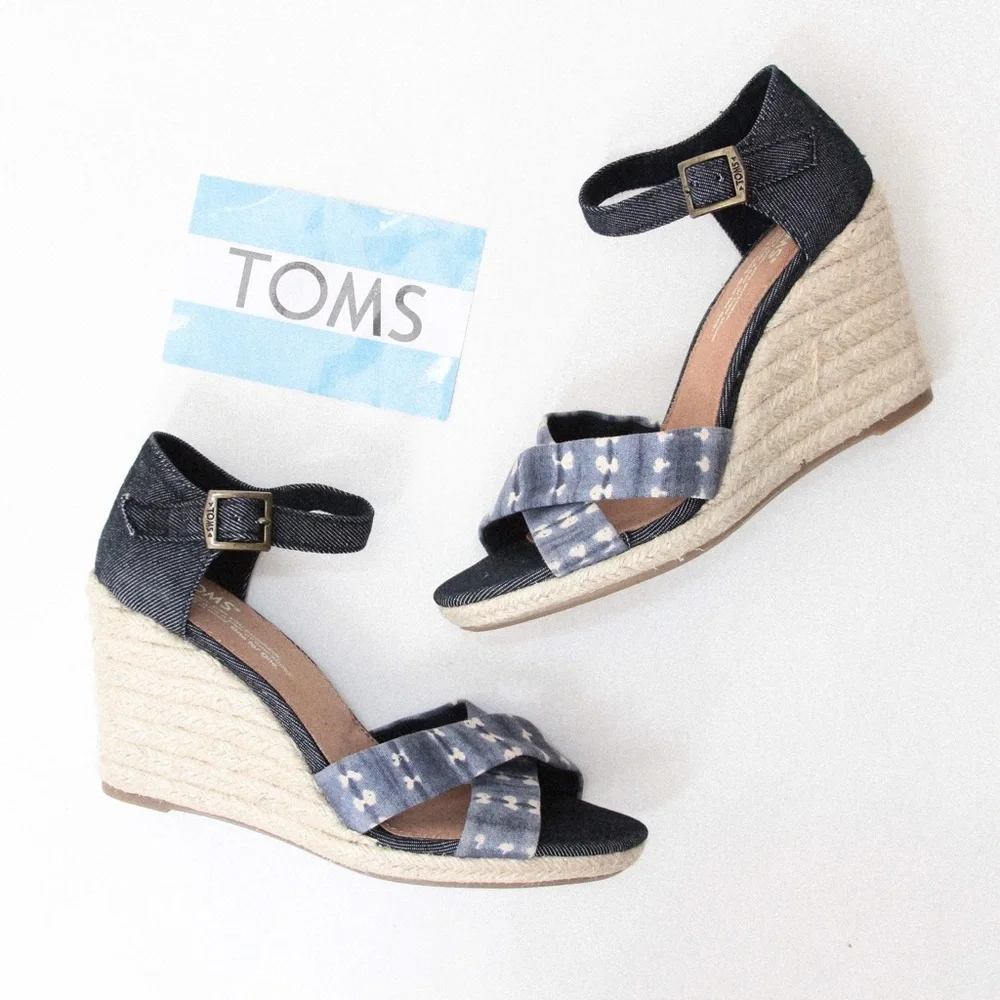TOMS Sienna Navy Batik Wedge Heels